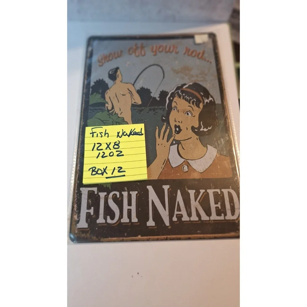 Fish Naked Show Off Your Rod Vintage Style Metal Tin Sign Fishing Wall Decor new